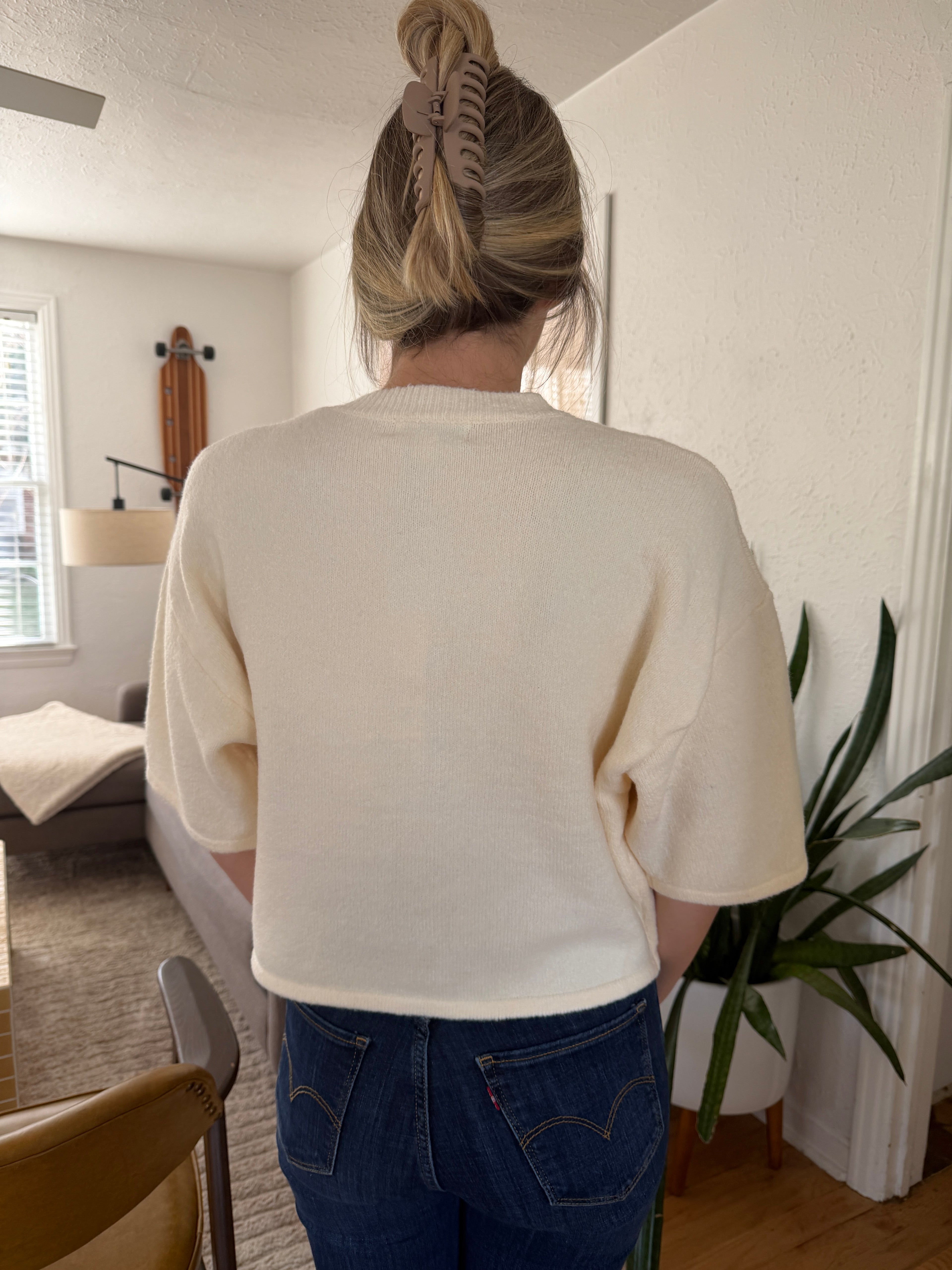 PINCH Flora Cream Knit Short Sleeve Button Cardigan Top