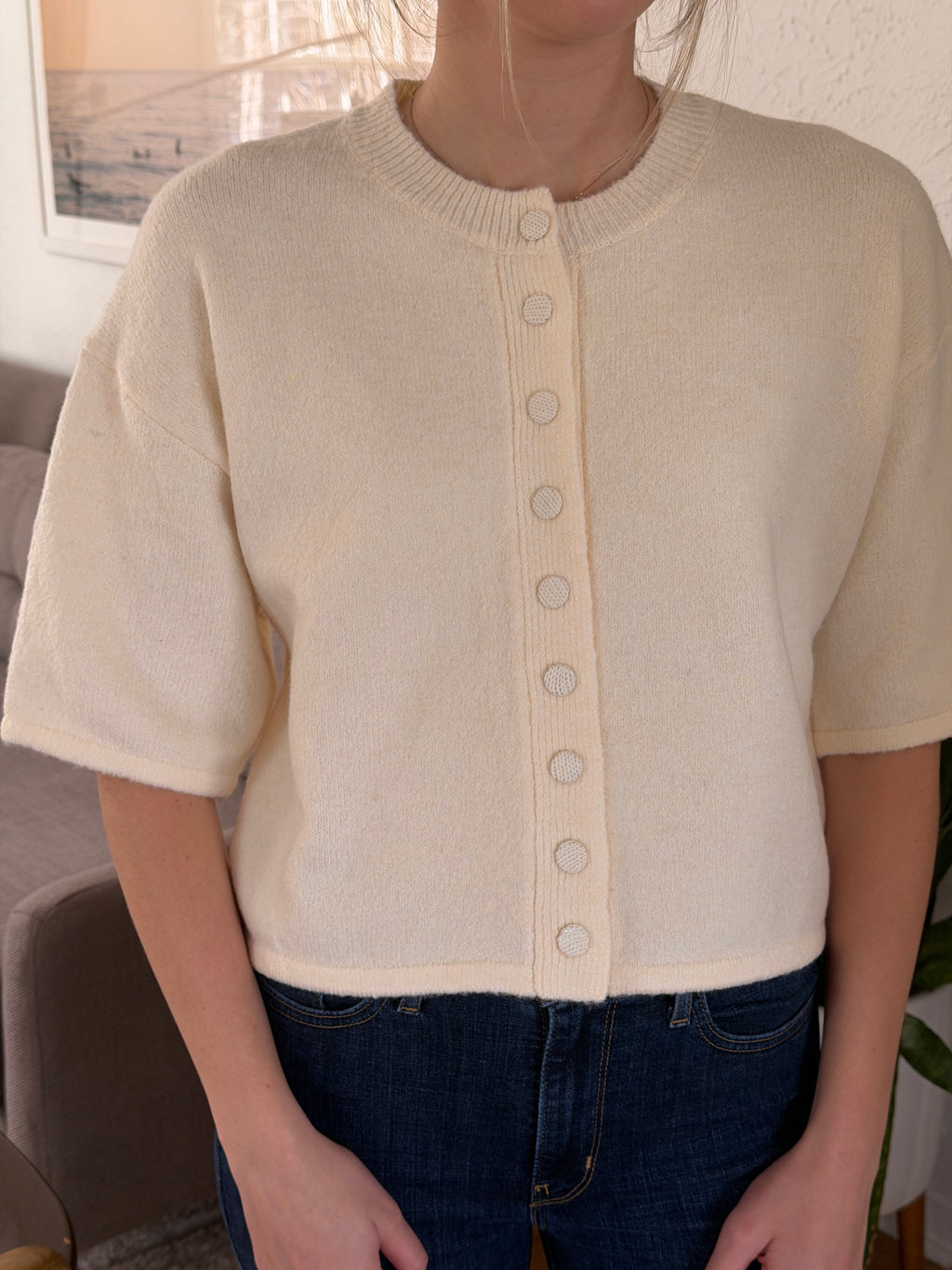 PINCH Flora Cream Knit Short Sleeve Button Cardigan Top