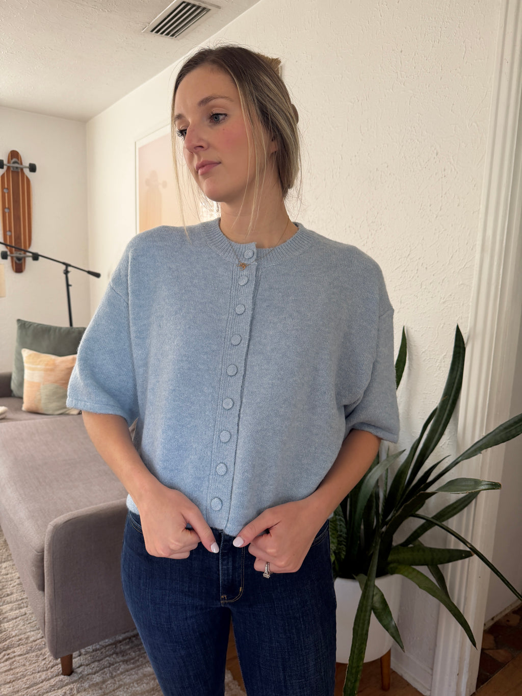 PINCH Flora Blue Knit Short Sleeve Button Cardigan Top
