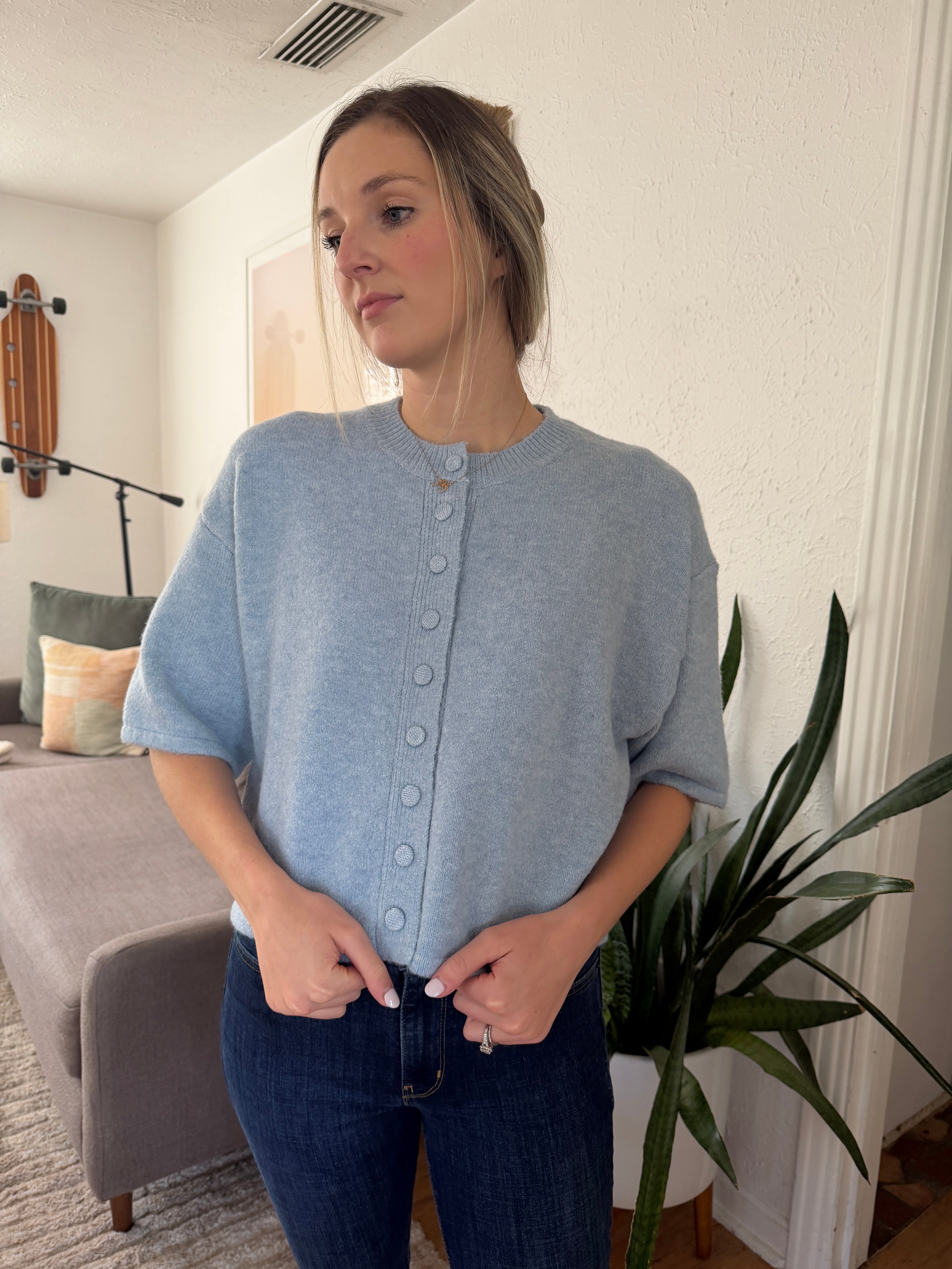 PINCH Flora Blue Knit Short Sleeve Button Cardigan Top