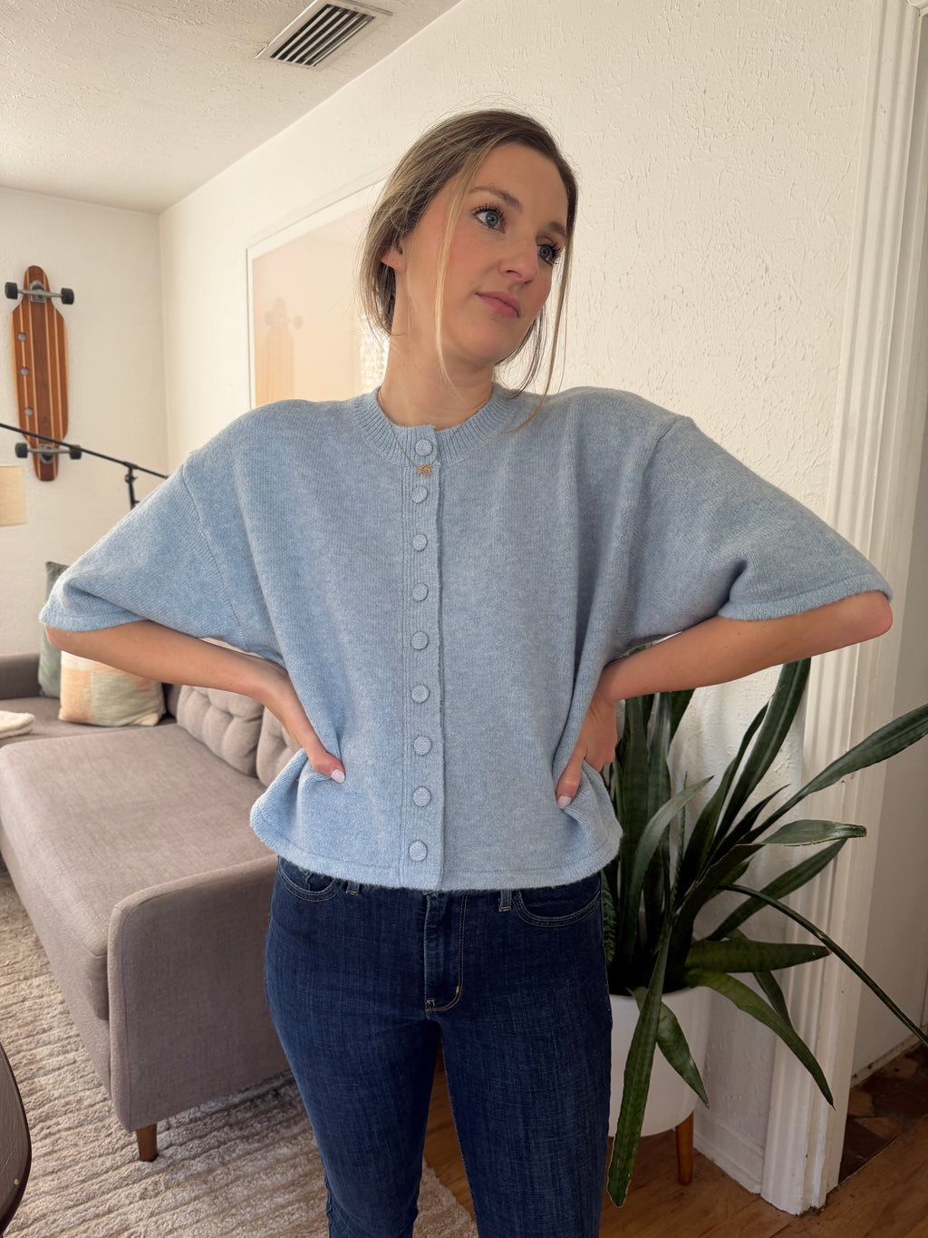 PINCH Flora Blue Knit Short Sleeve Button Cardigan Top