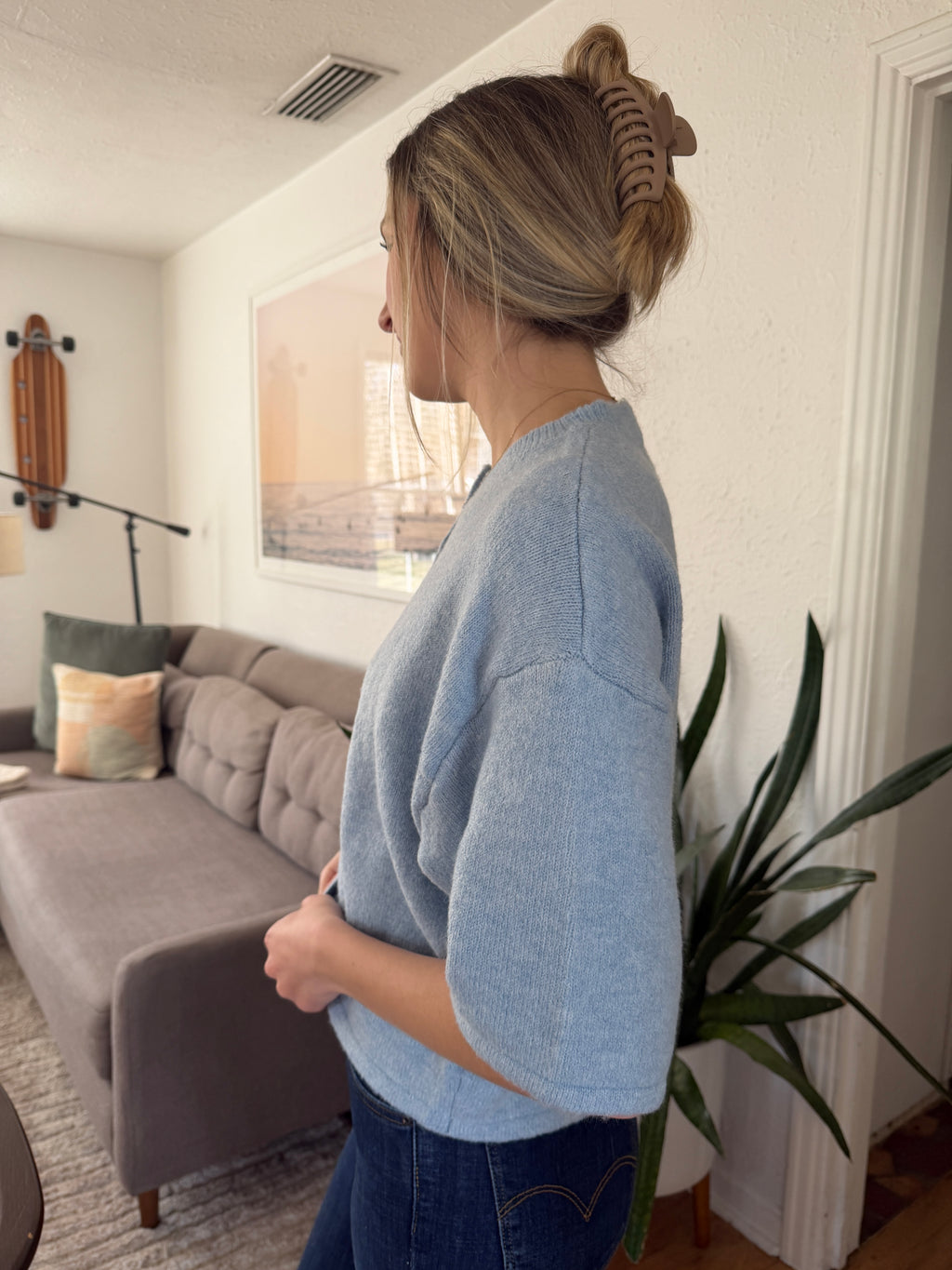 PINCH Flora Blue Knit Short Sleeve Button Cardigan Top