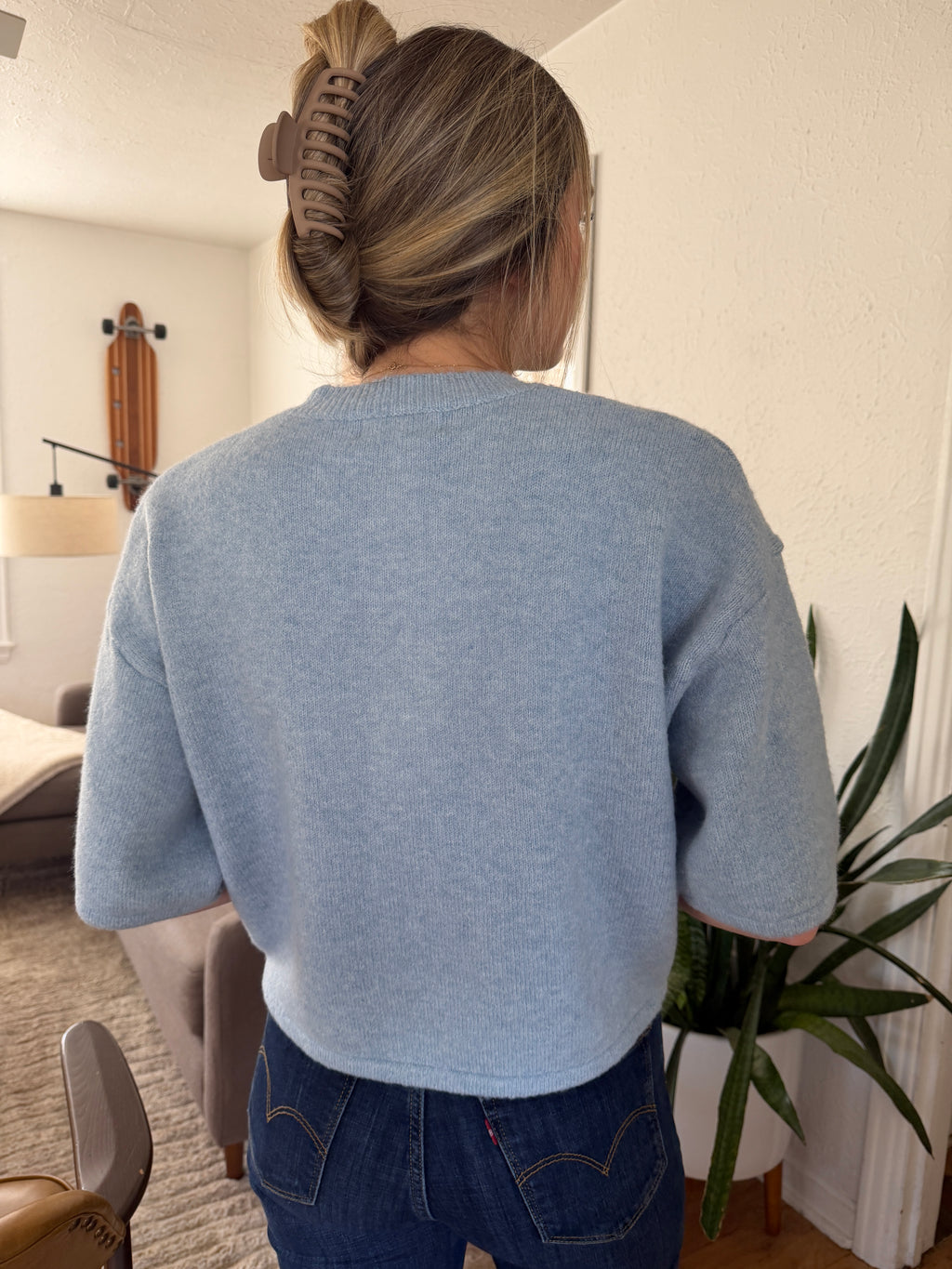 PINCH Flora Blue Knit Short Sleeve Button Cardigan Top