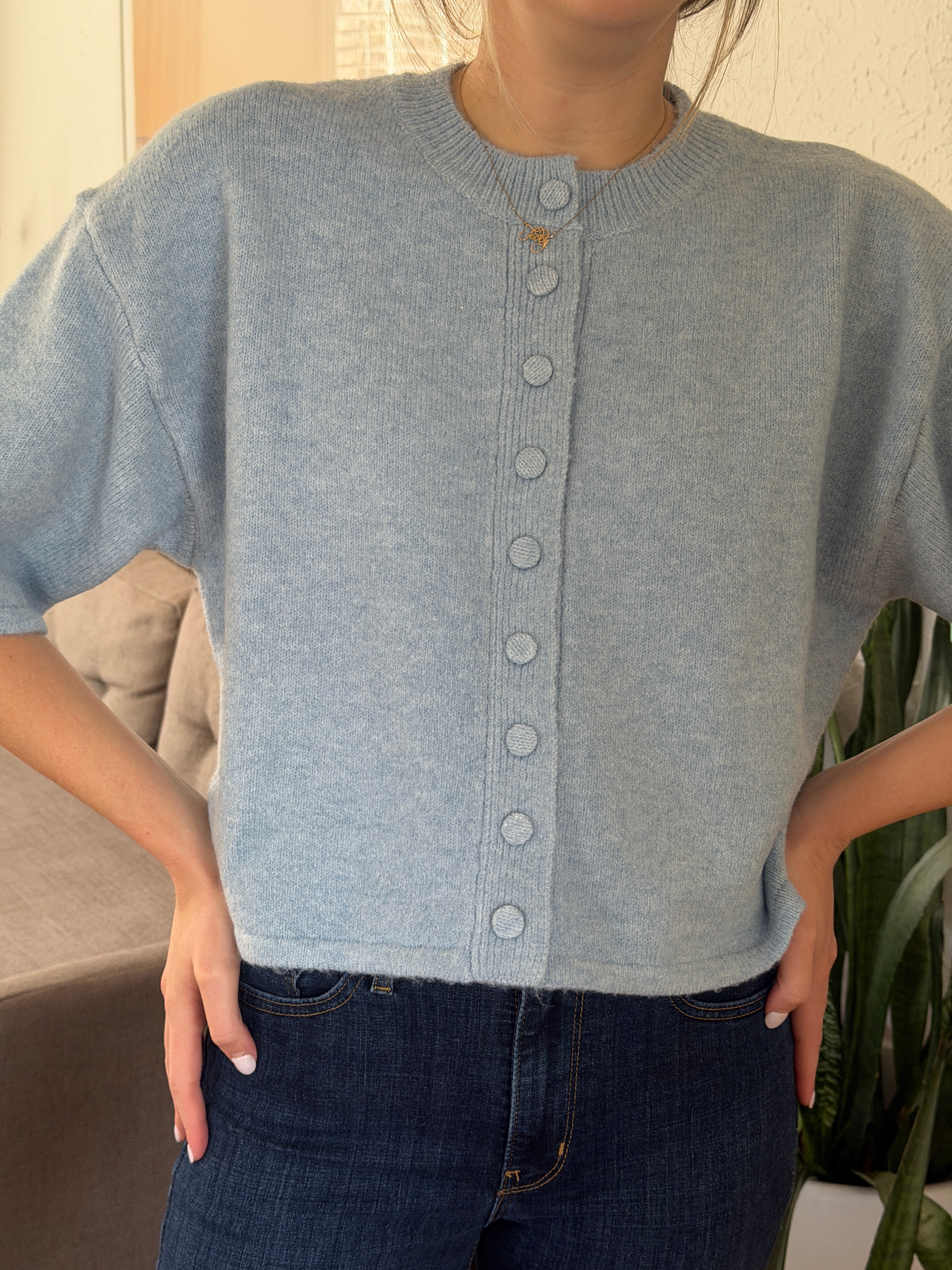 PINCH Flora Blue Knit Short Sleeve Button Cardigan Top