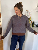 Grady Blue and Brown Striped Knit Collared Polo Top