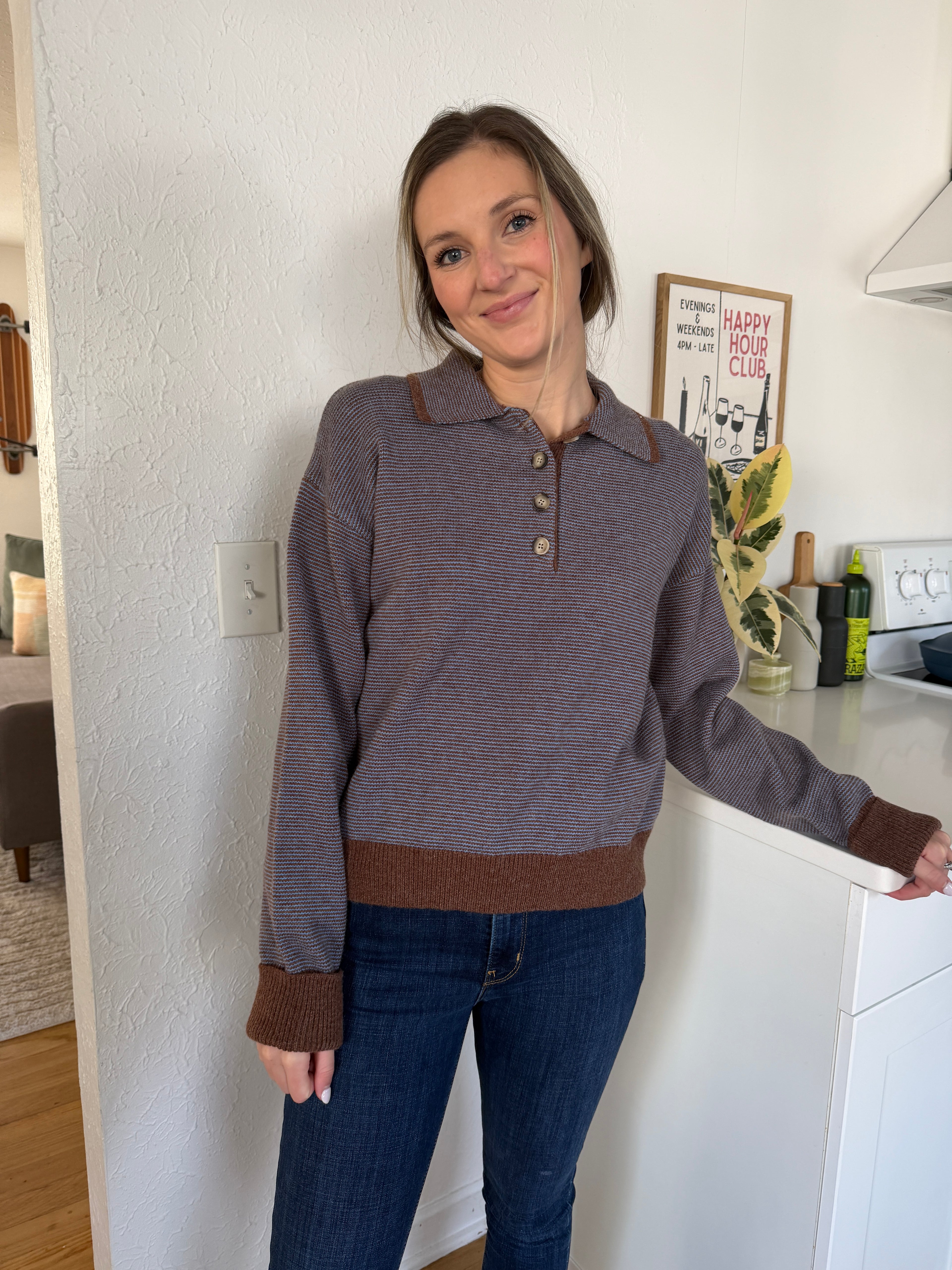 Grady Blue and Brown Striped Knit Collared Polo Top