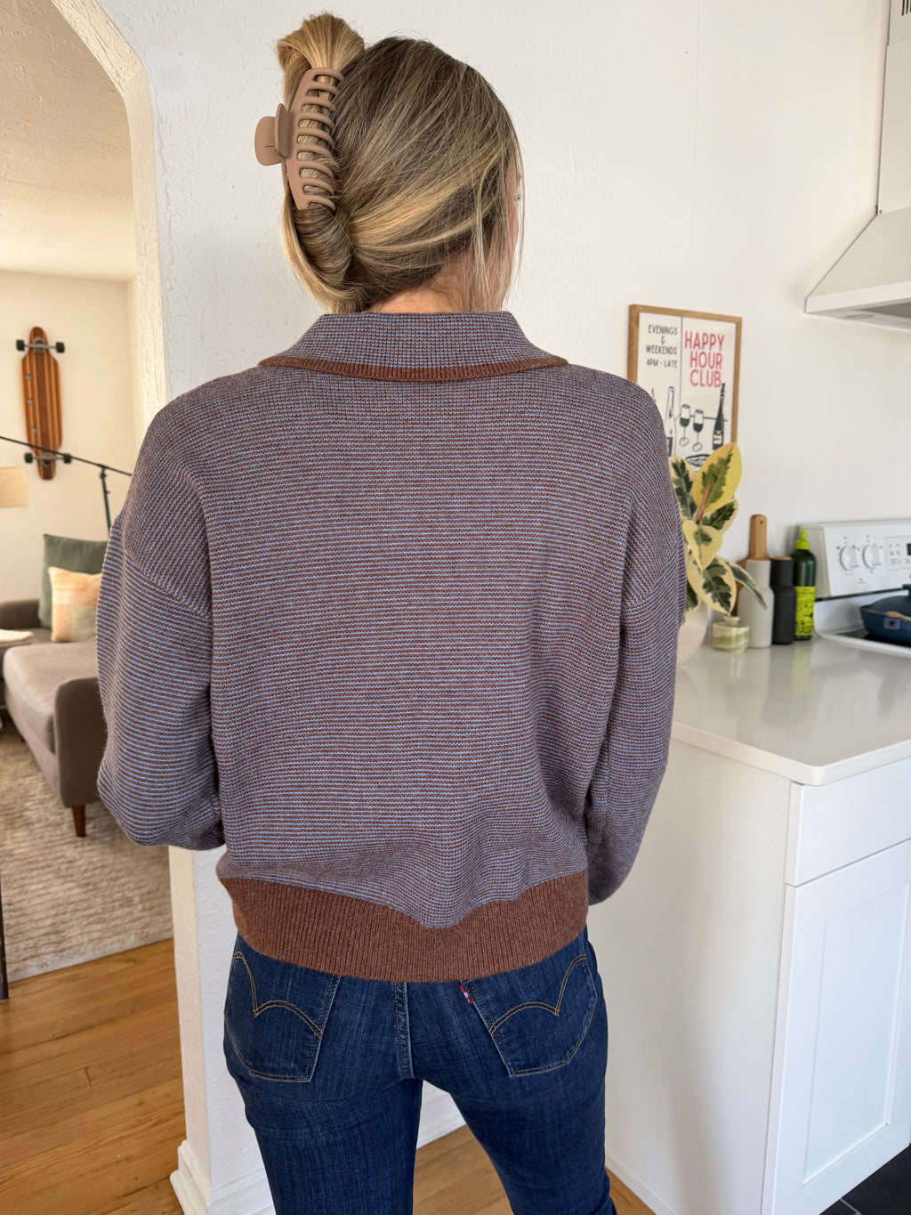 Grady Blue and Brown Striped Knit Collared Polo Top