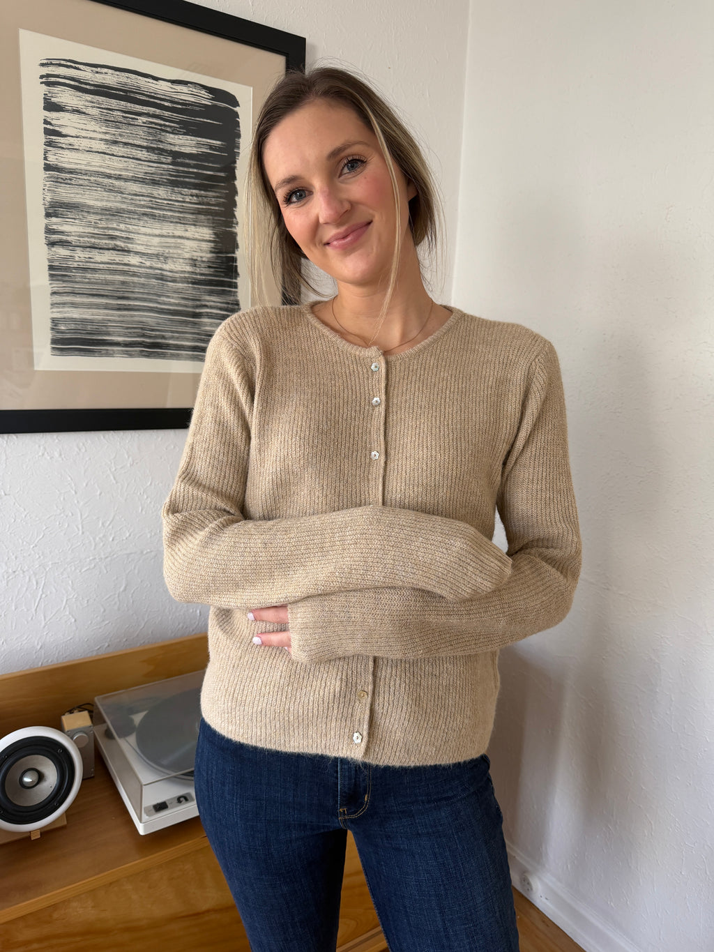 Things Between Frida Beige Flower Button Knit Cardigan Top