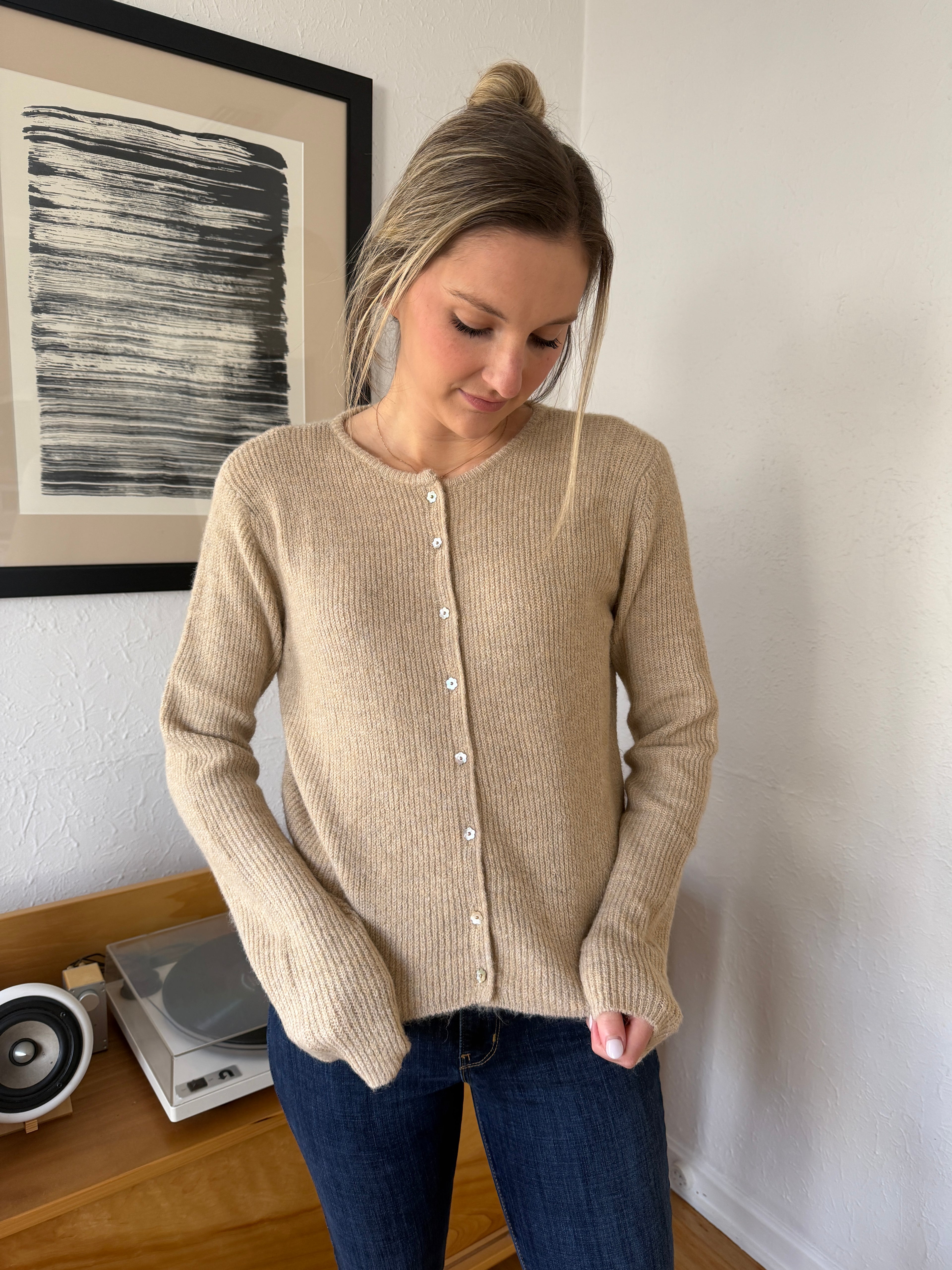 Things Between Frida Beige Flower Button Knit Cardigan Top