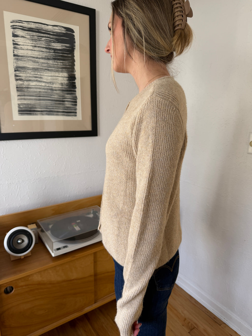 Things Between Frida Beige Flower Button Knit Cardigan Top