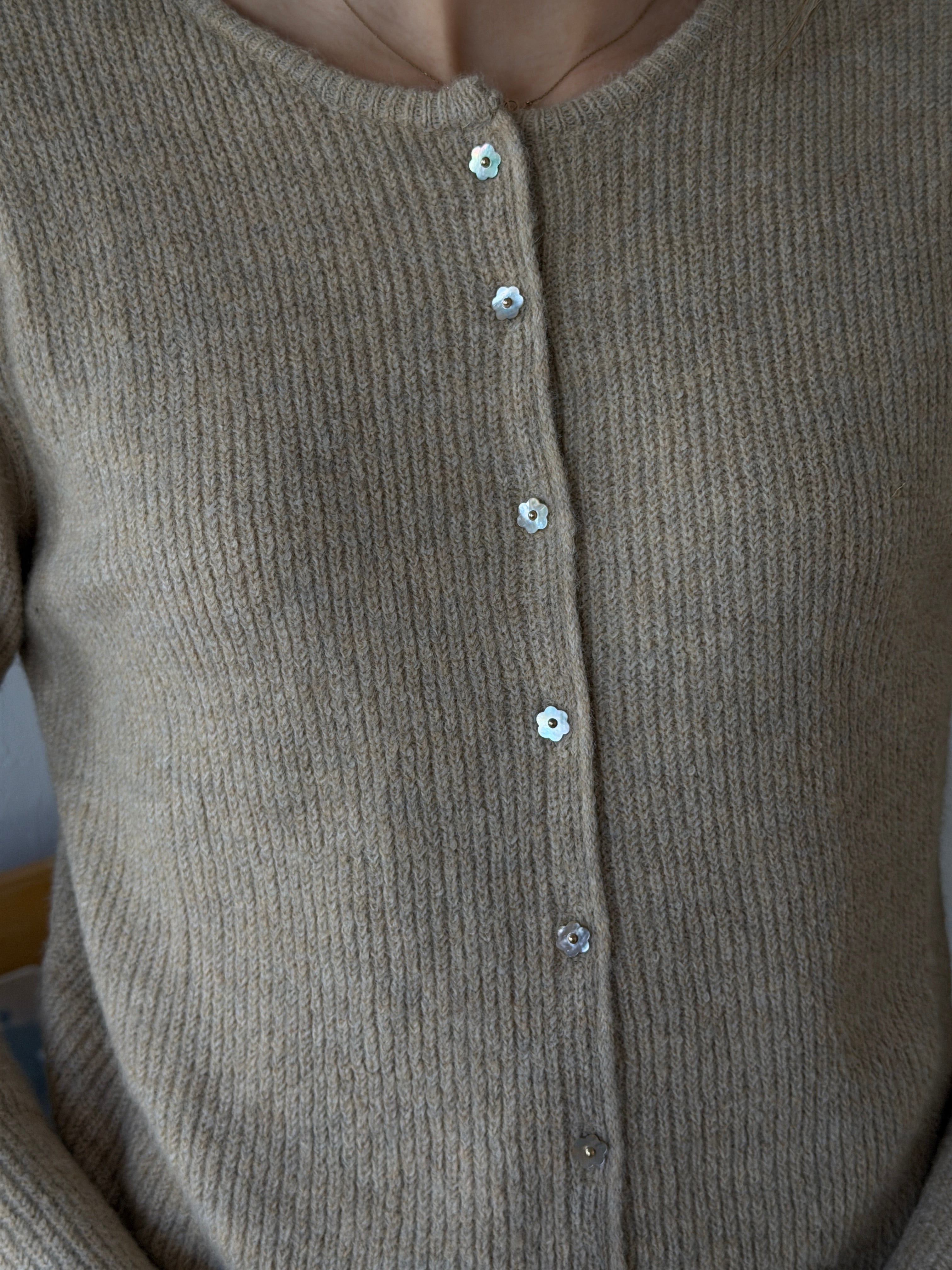 Things Between Frida Beige Flower Button Knit Cardigan Top