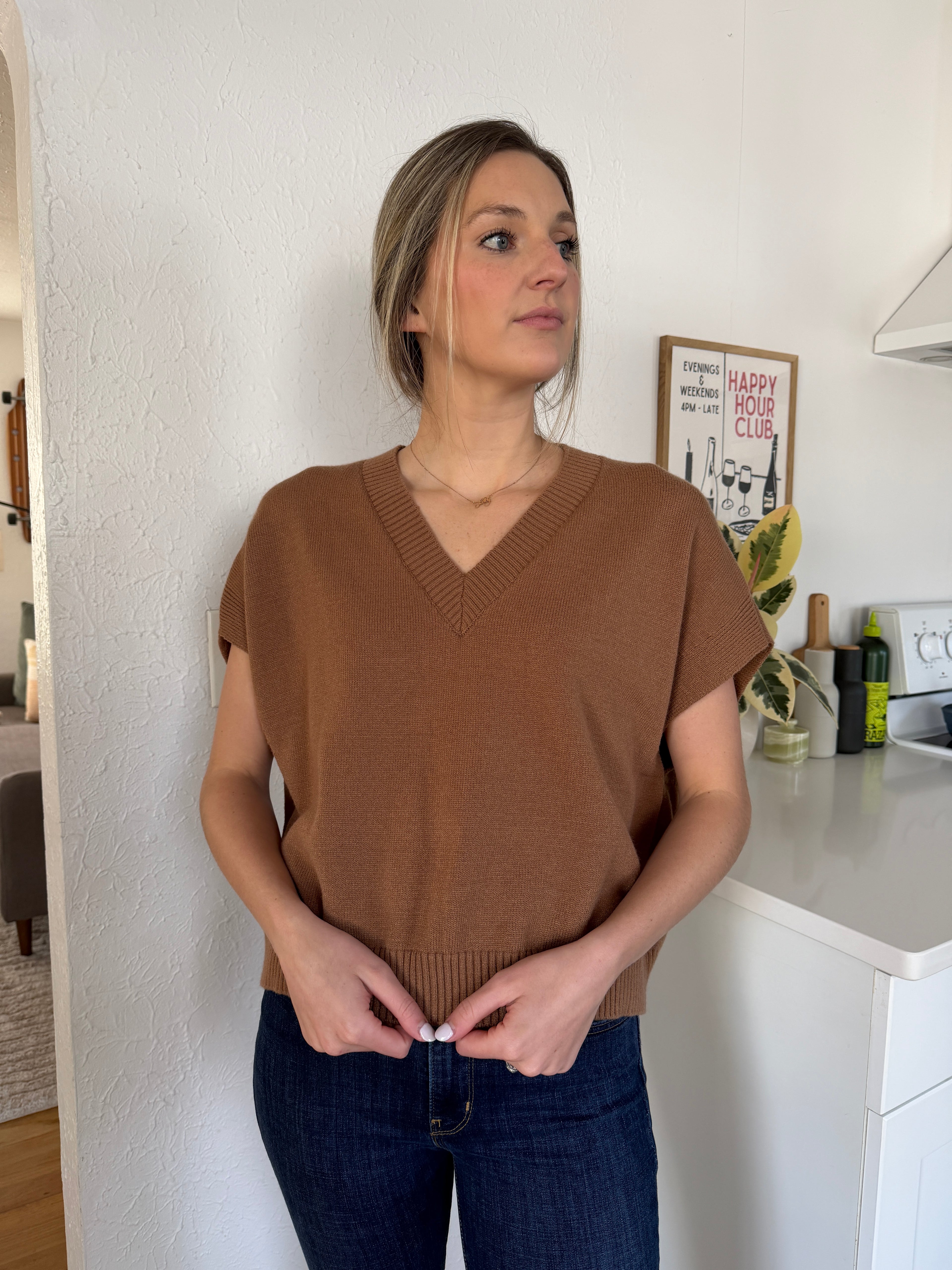PINCH Gia Camel Brown V-Neck Knit Sleeveless Top