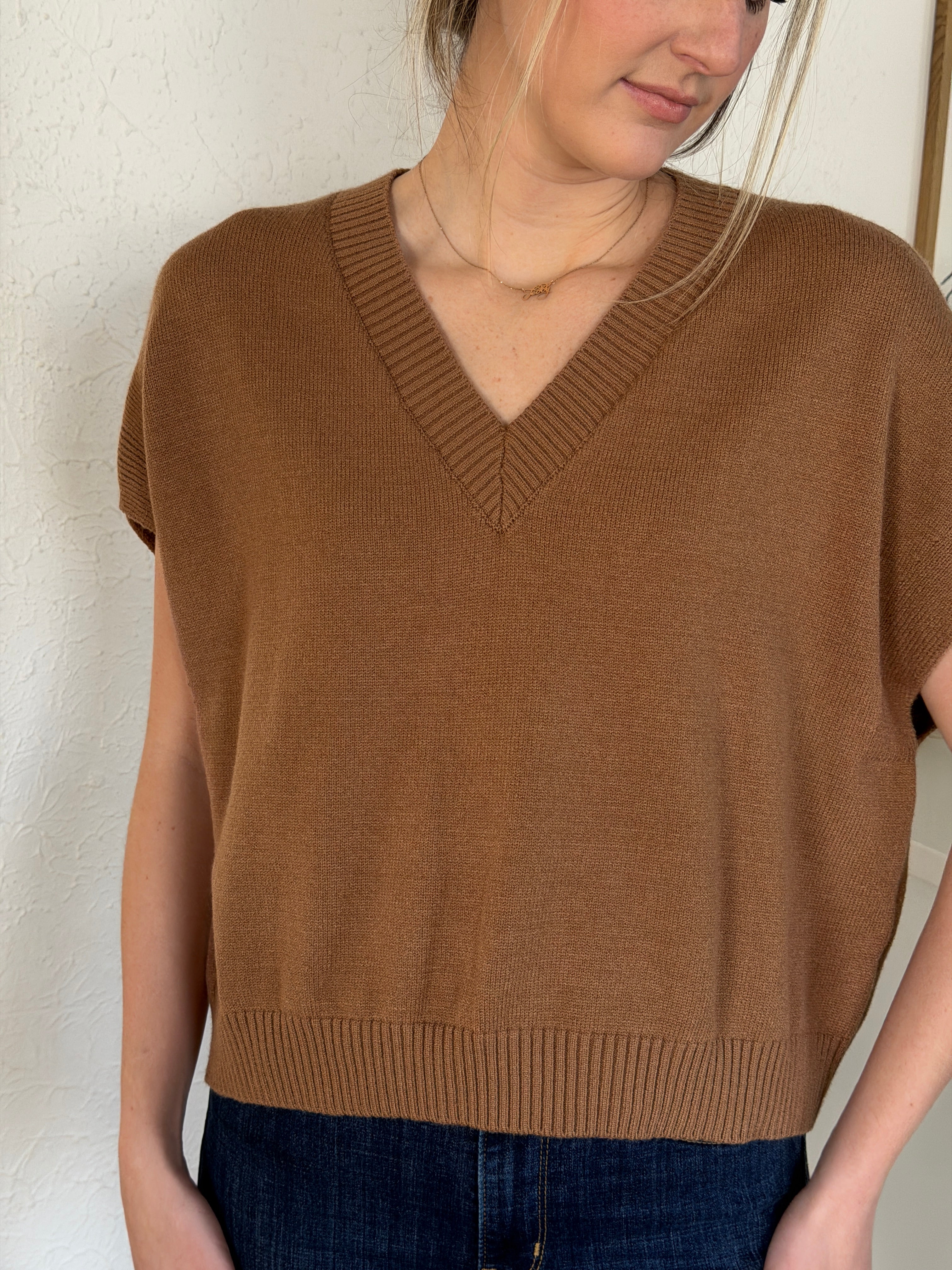 PINCH Gia Camel Brown V-Neck Knit Sleeveless Top