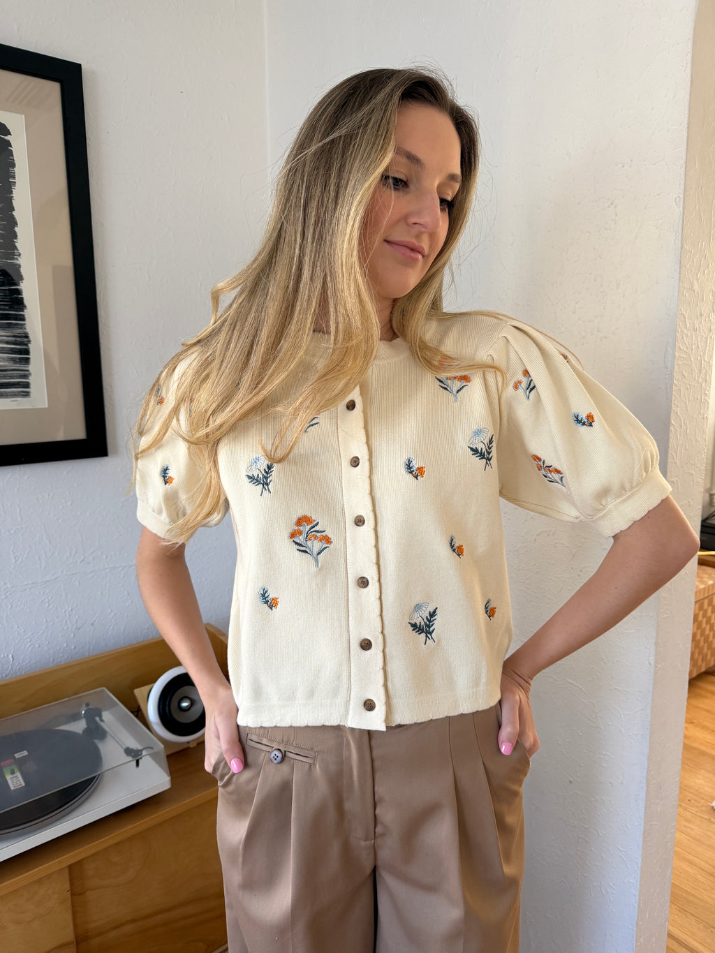 Hannah Cream Floral Embroidered Puff Sleeve Top