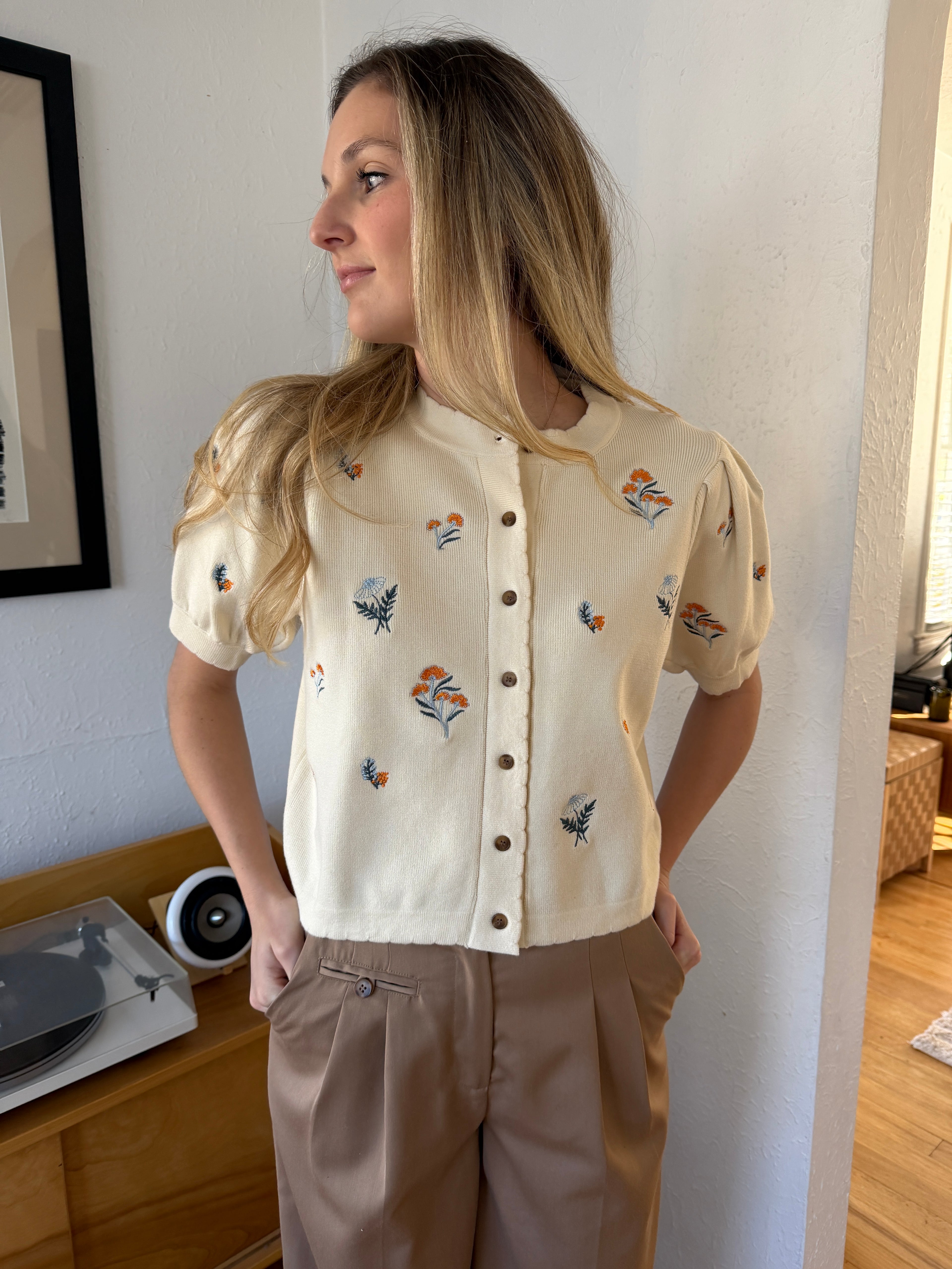 Hannah Cream Floral Embroidered Puff Sleeve Top