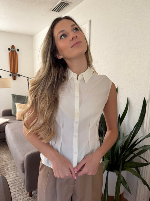 Hazel White Buttoned Collar Sleeveless Top