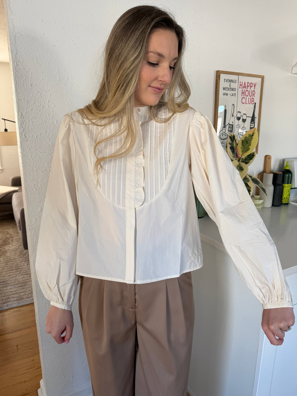 FRNCH Haven Cream Ruffle Long Sleeve Buttoned Top