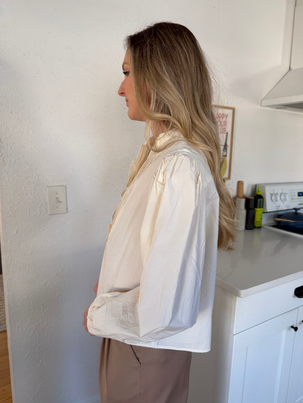 FRNCH Haven Cream Ruffle Long Sleeve Buttoned Top