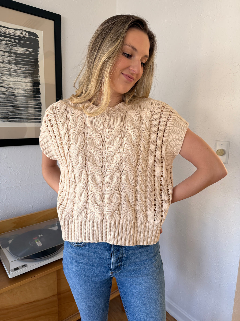 Harper Cream Cable Knit Short Sleeve Top