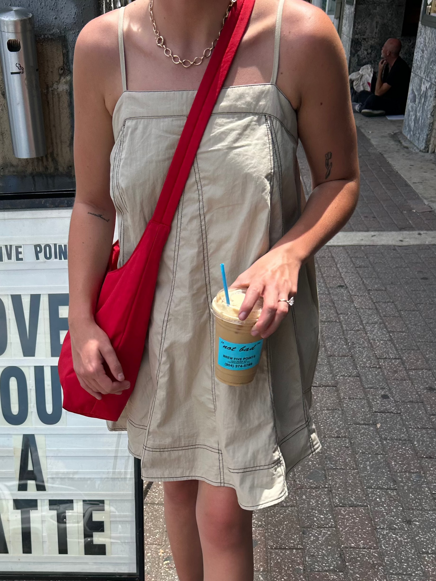 Freddie Contrast Stitch Tie Strap Mini Dress (Tan)