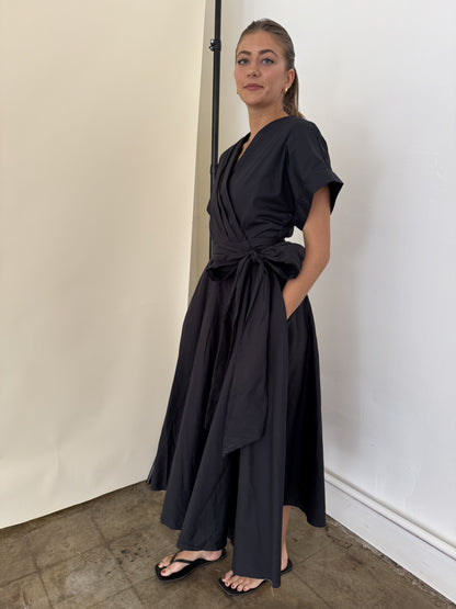 Madeline Cotton Wrap Short Sleeve Midi Dress (Deep Navy)