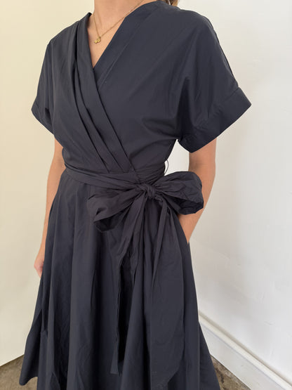 Madeline Cotton Wrap Short Sleeve Midi Dress (Deep Navy)