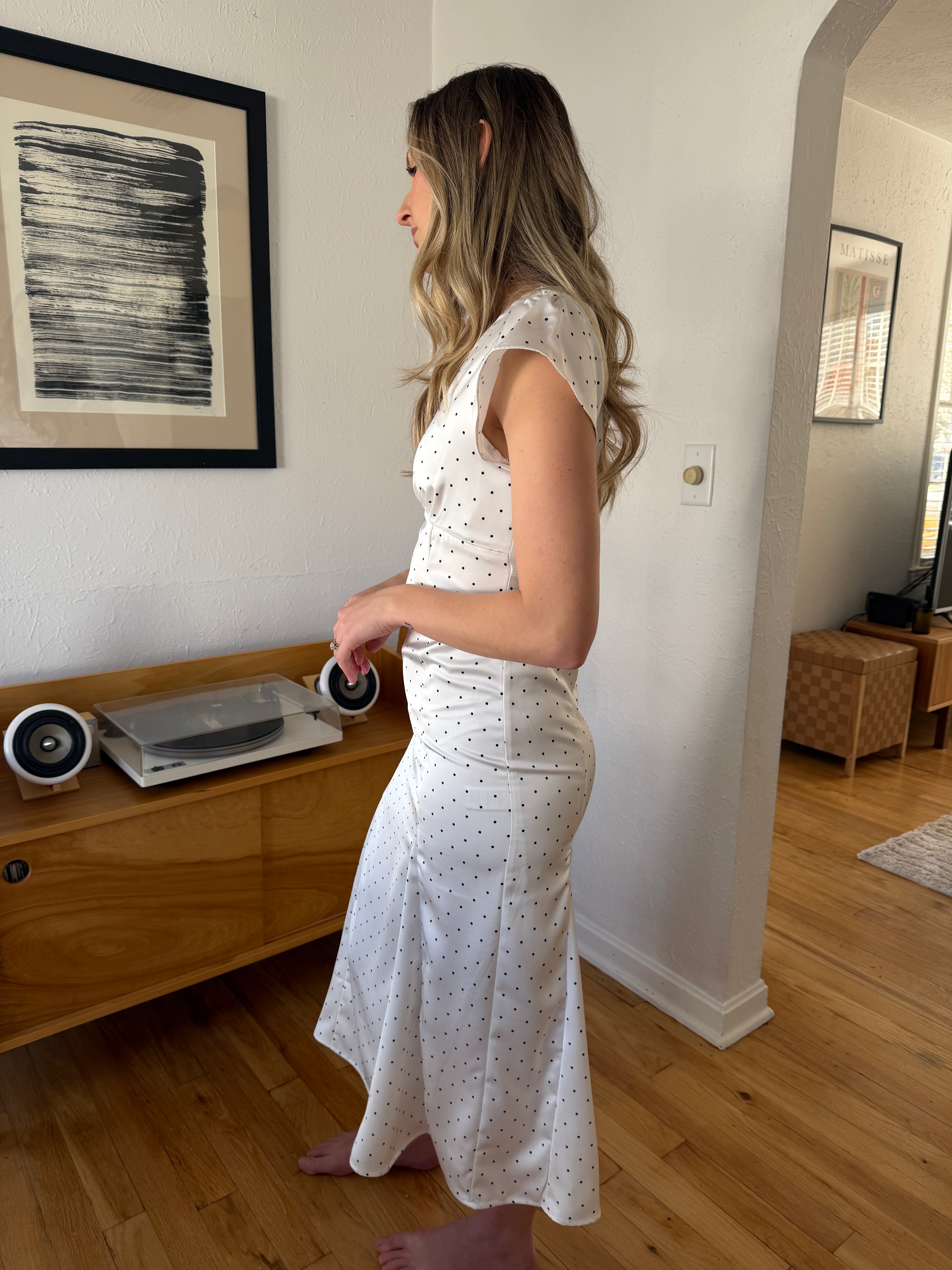 Helena White Satin Polka Dot Short Sleeve Midi Dress