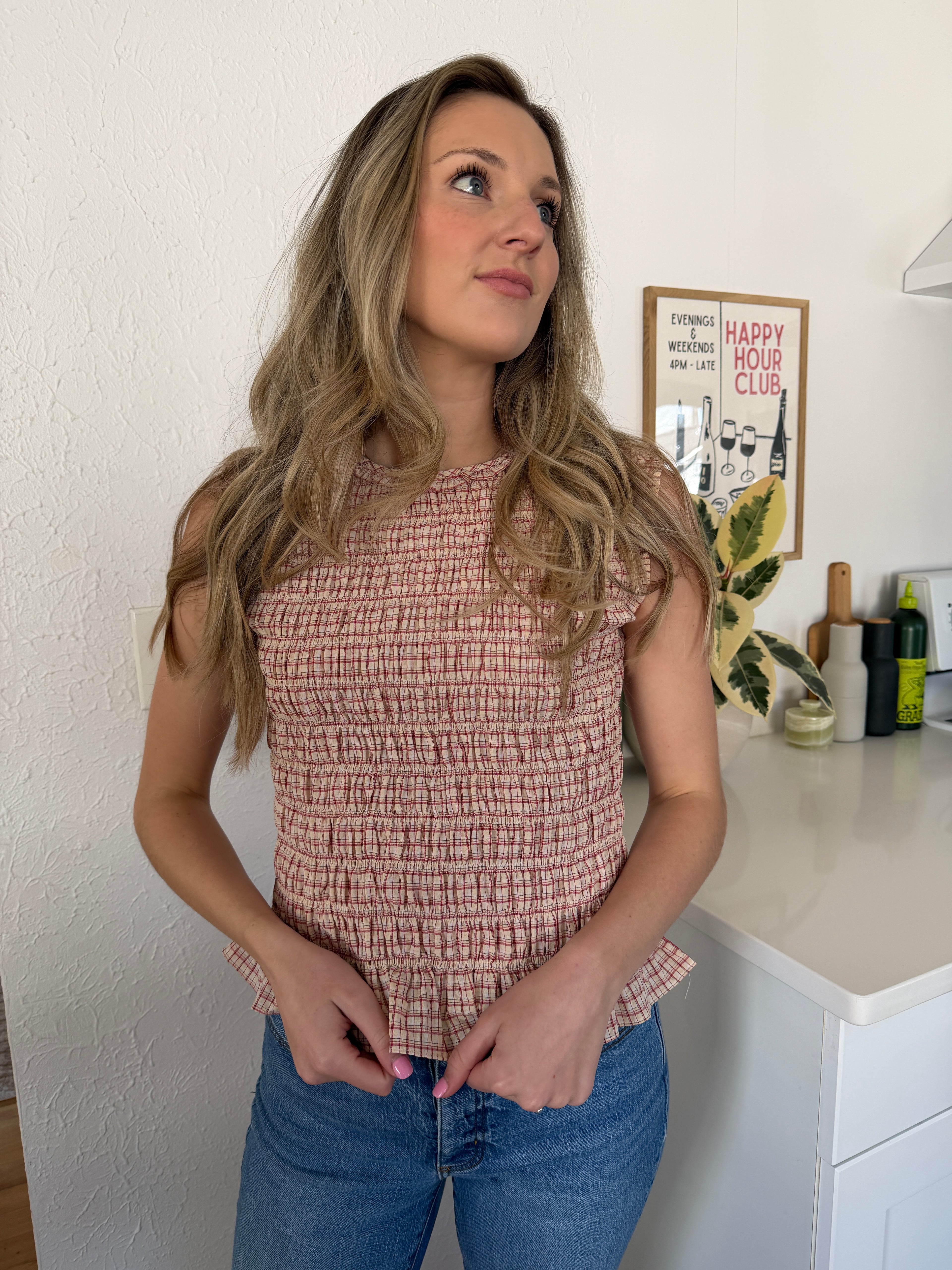 Hallie Red and Cream Plaid Shirred Sleeveless Top