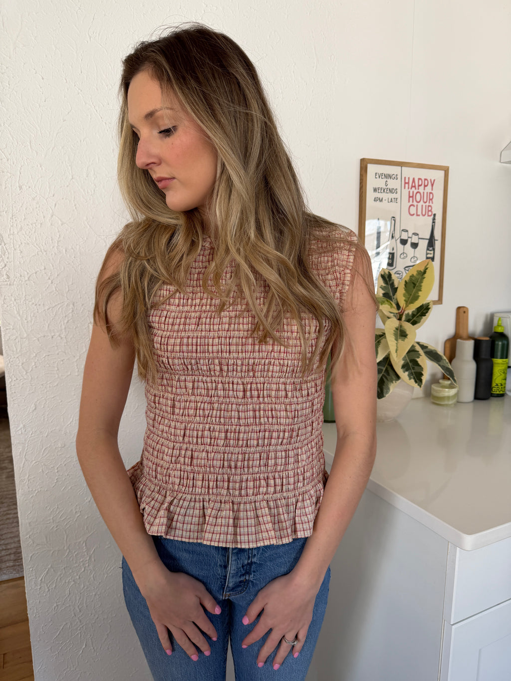 Hallie Red and Cream Plaid Shirred Sleeveless Top