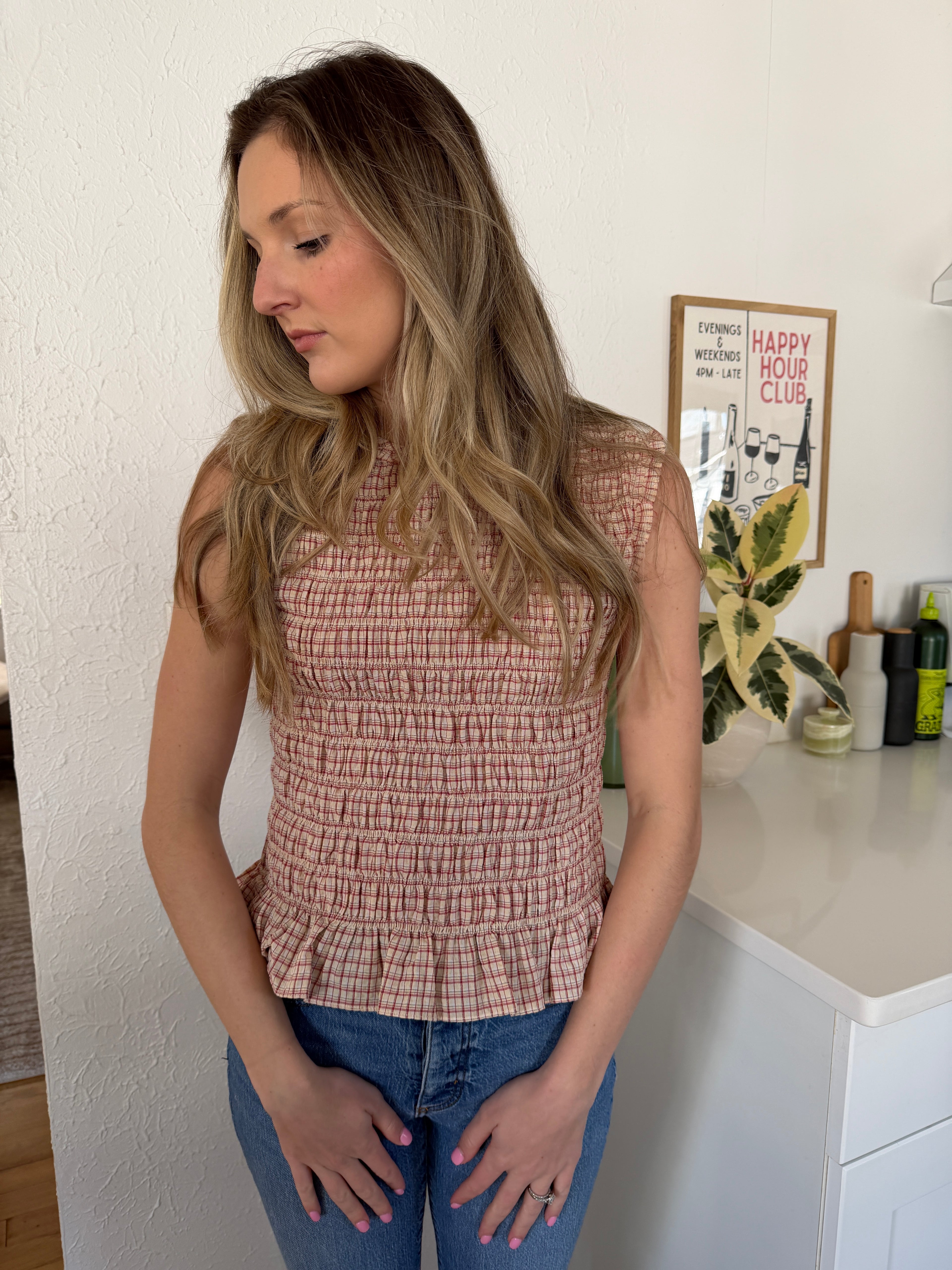 Hallie Red and Cream Plaid Shirred Sleeveless Top