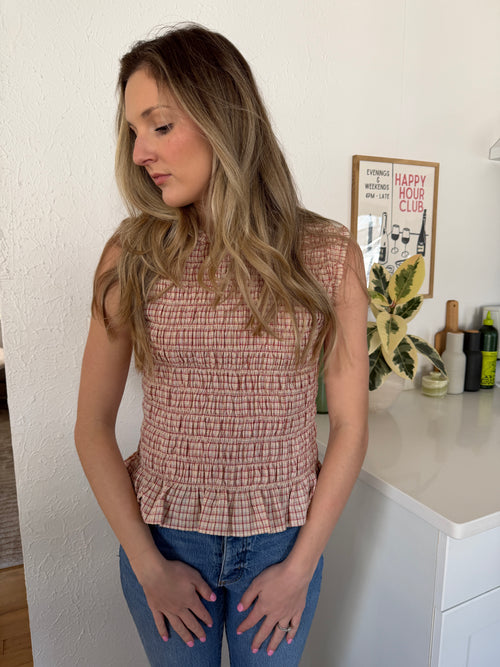 Hallie Red and Cream Plaid Shirred Sleeveless Top