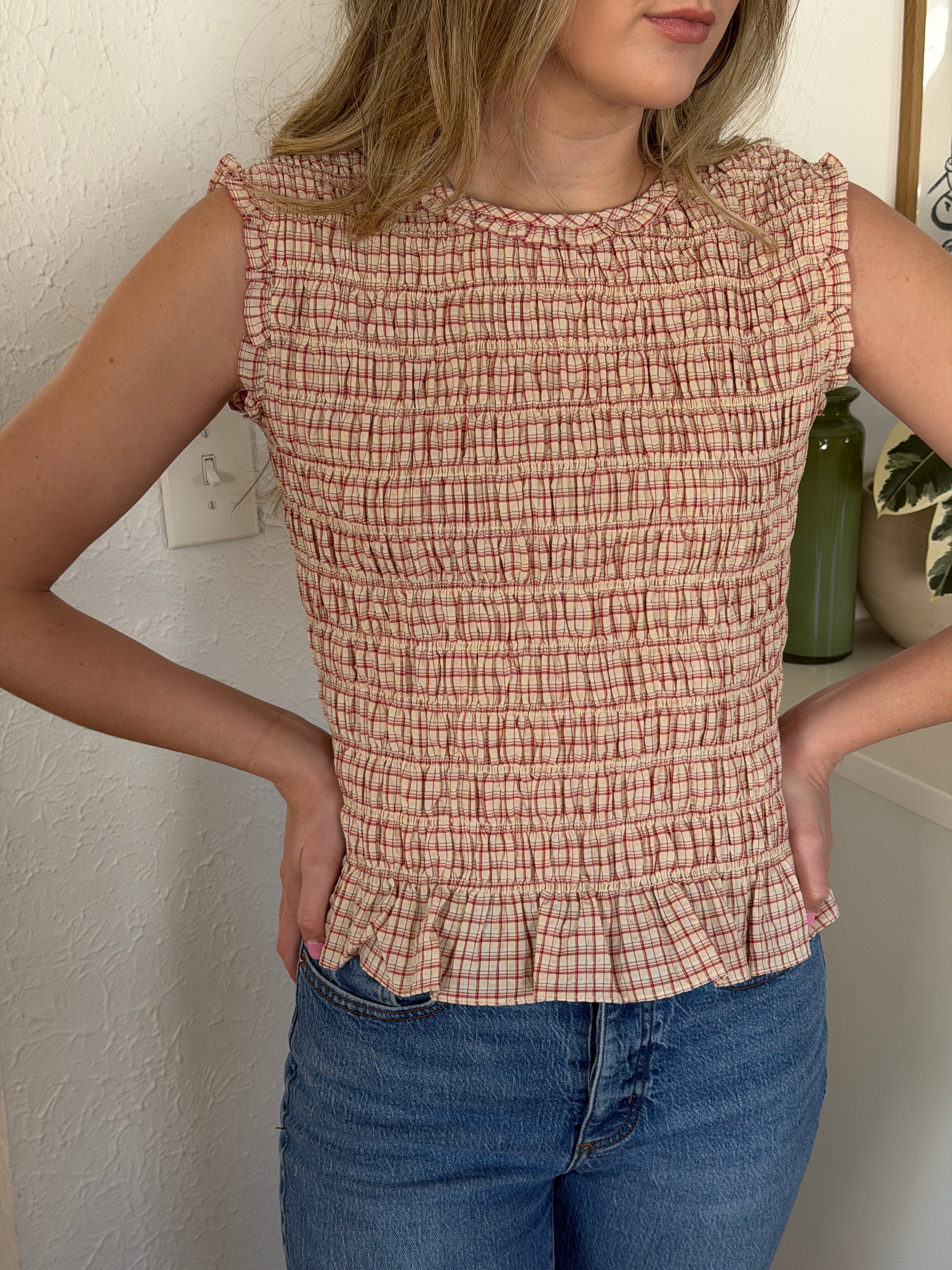 Hallie Red and Cream Plaid Shirred Sleeveless Top