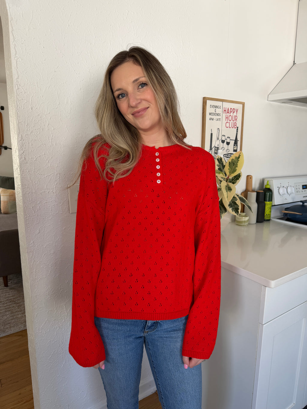 Things Between Amelia Red Yellow Eyelet Henley Pullover