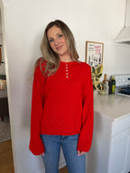 Things Between Amelia Red Yellow Eyelet Henley Pullover