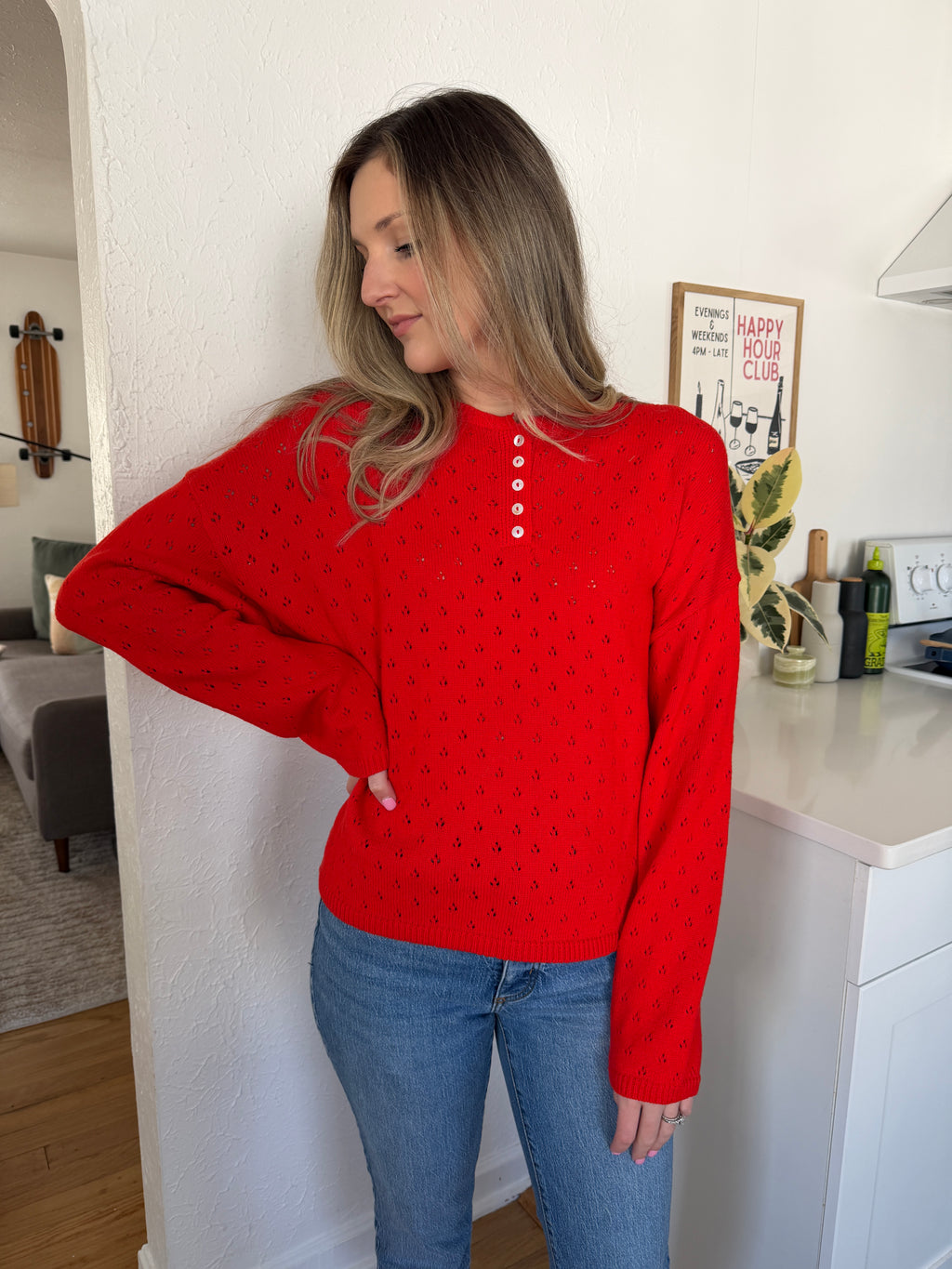 Things Between Amelia Red Yellow Eyelet Henley Pullover