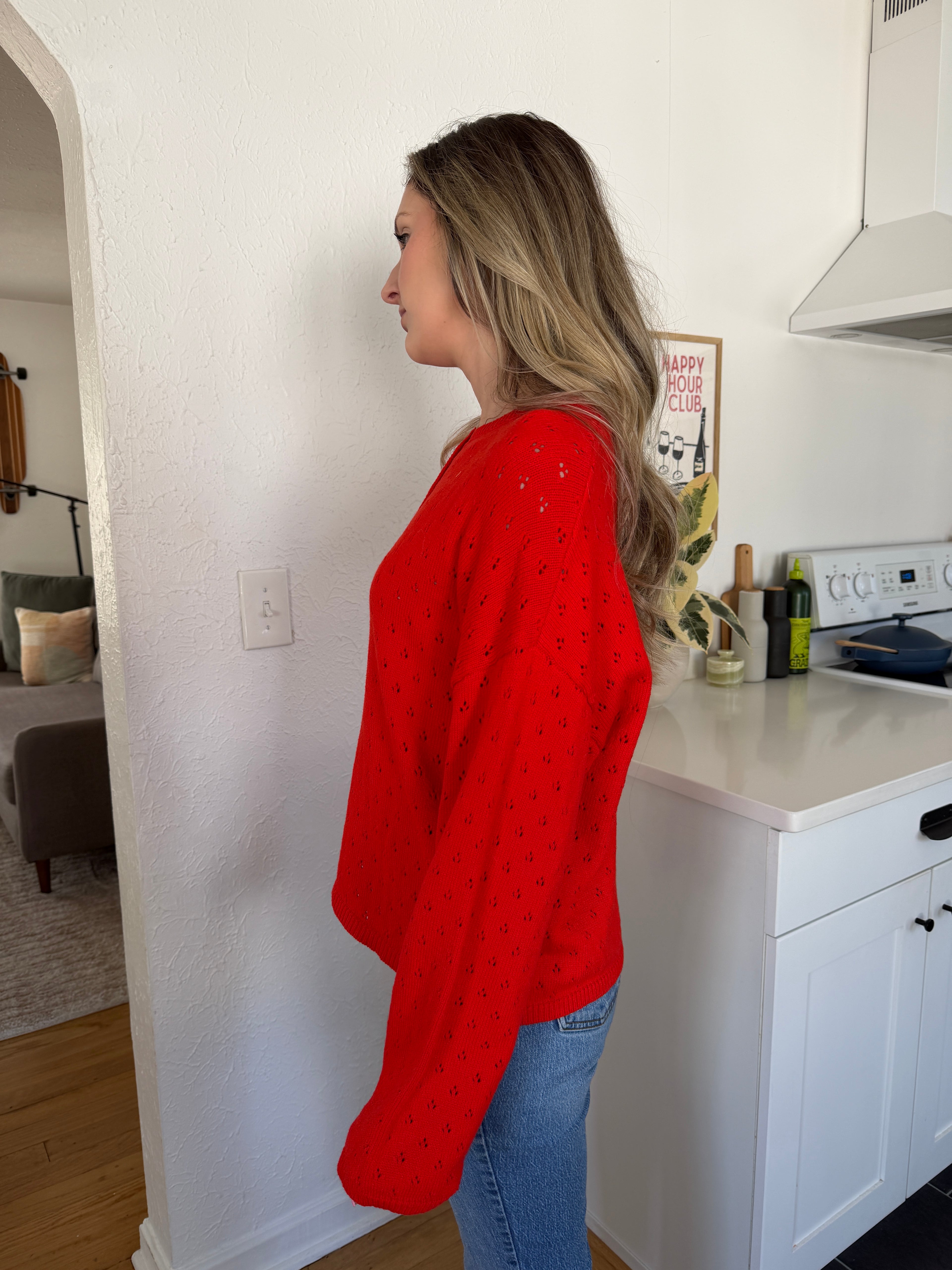 Things Between Amelia Red Yellow Eyelet Henley Pullover