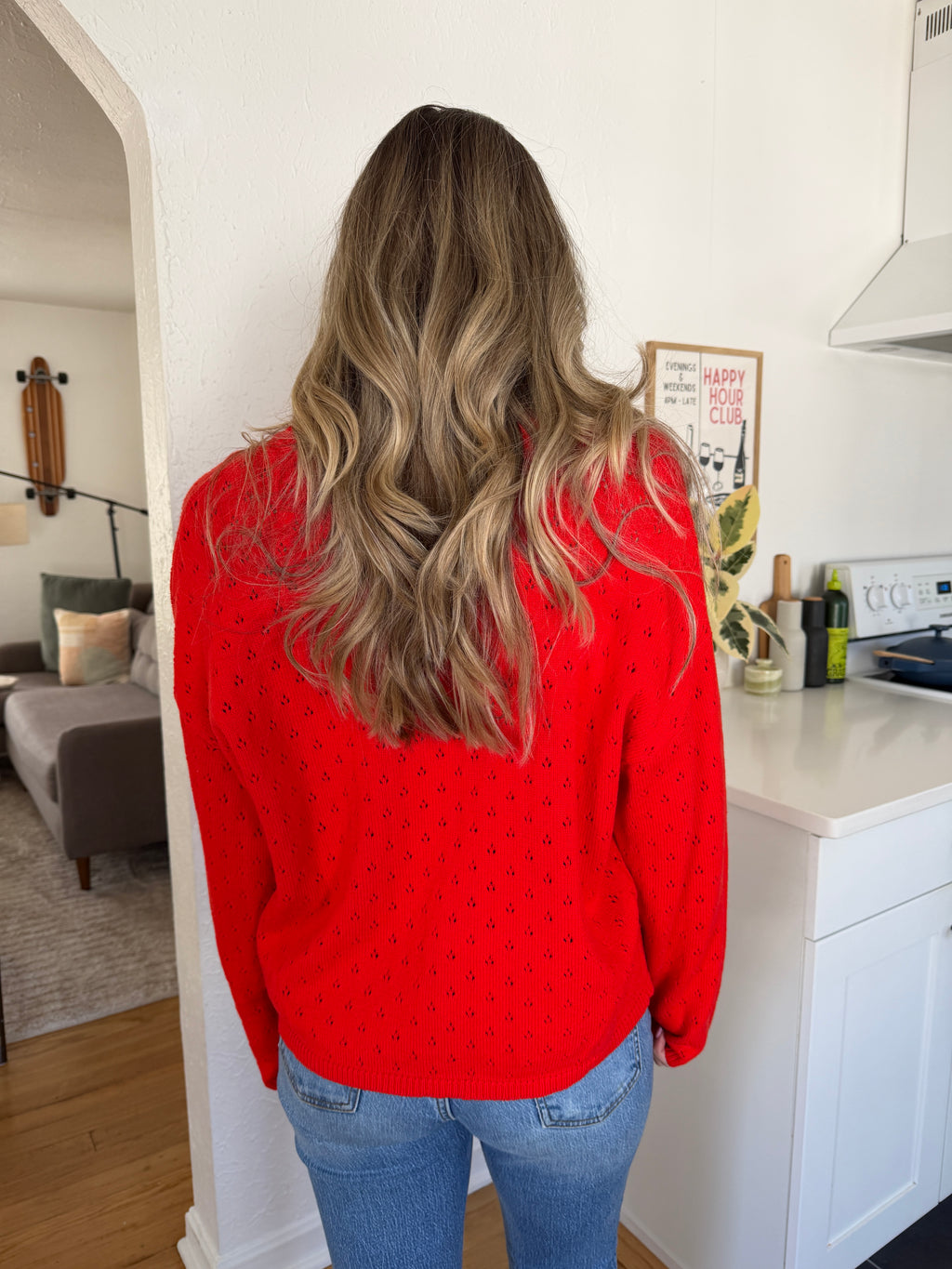 Things Between Amelia Red Yellow Eyelet Henley Pullover