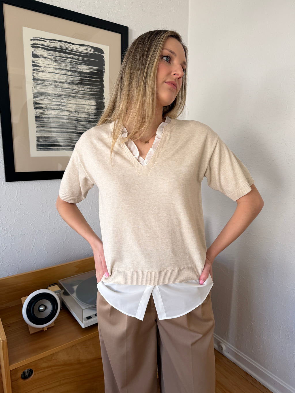 PINCH Dori Cream Knit Woven Combo Short Sleeve Top