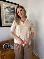 PINCH Dori Cream Knit Woven Combo Short Sleeve Top