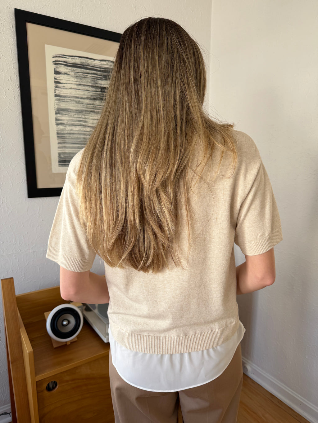 PINCH Dori Cream Knit Woven Combo Short Sleeve Top