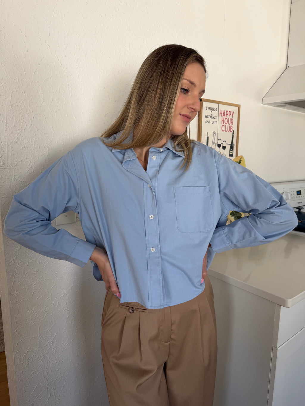 Elle Grey Isla Blue Cotton Oxford Long Sleeve Top