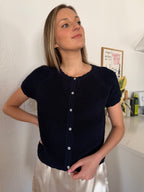 Elle Grey Jade Navy Blue Fuzzy Knit Buttoned Top