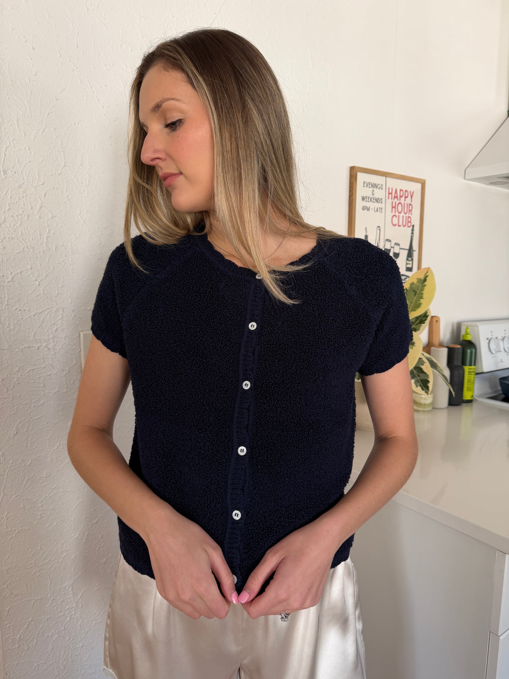 Elle Grey Jade Navy Blue Fuzzy Knit Buttoned Top