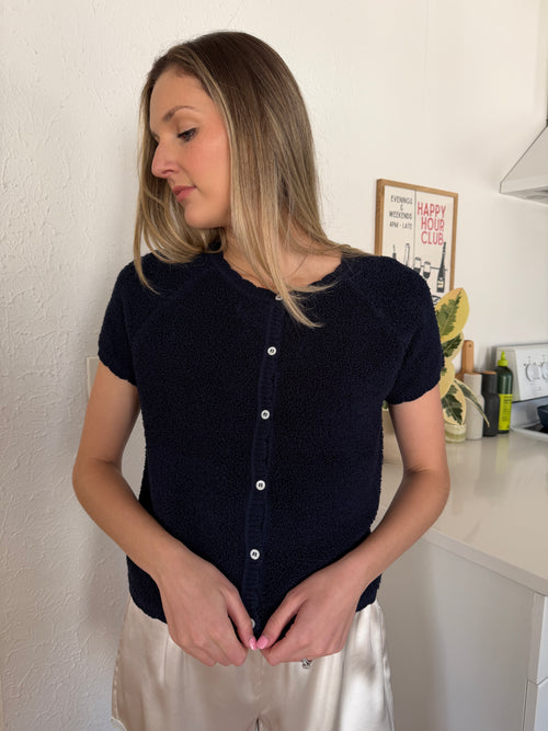 Elle Grey Jade Navy Blue Fuzzy Knit Buttoned Top