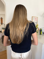 Elle Grey Jade Navy Blue Fuzzy Knit Buttoned Top