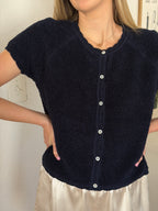 Elle Grey Jade Navy Blue Fuzzy Knit Buttoned Top