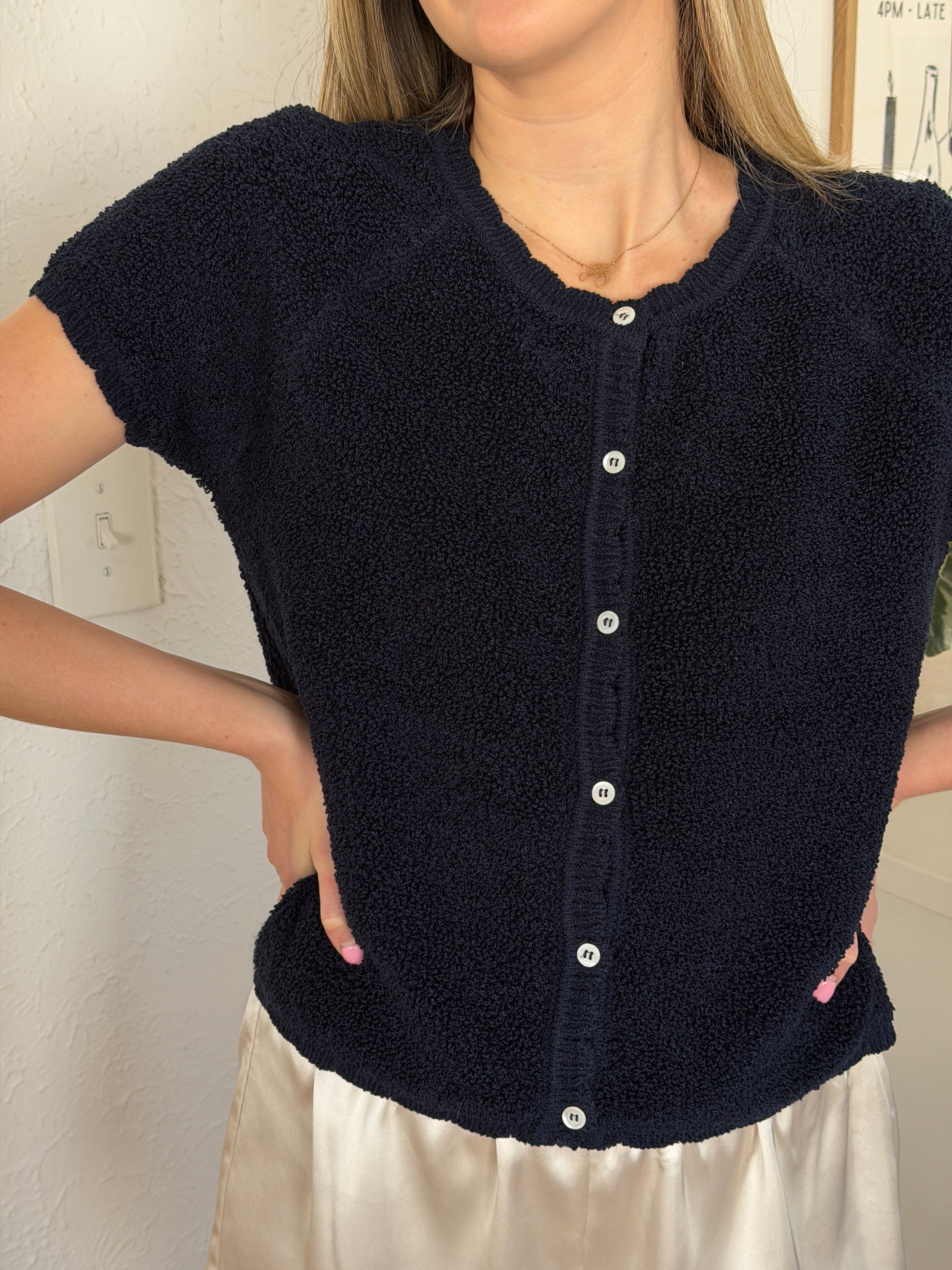 Elle Grey Jade Navy Blue Fuzzy Knit Buttoned Top