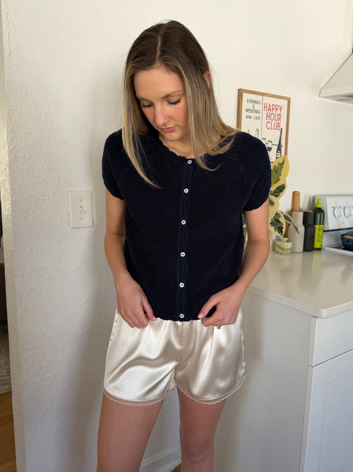 Things Between Jayce Cream Lace Trim Satin Shorts