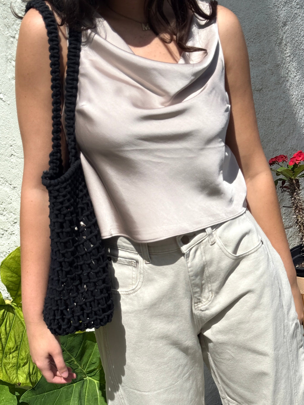 Margot Satin Taupe Cowl Neck Tank Top