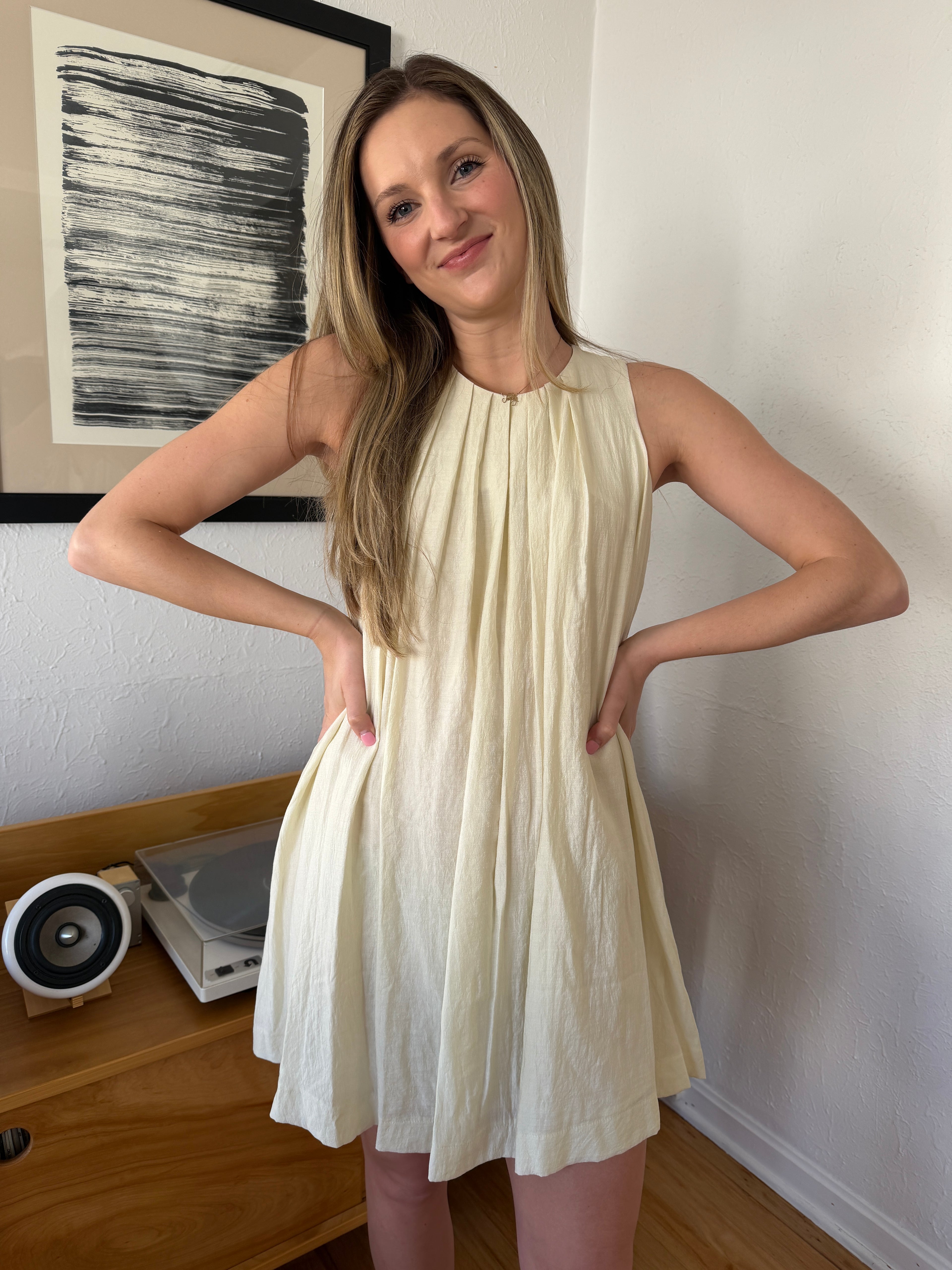 PINCH Kate Cream Pleated Swing Tank Mini Dress - S PINCH Kate Cream Pleated Swing Tank Mini Dress - S